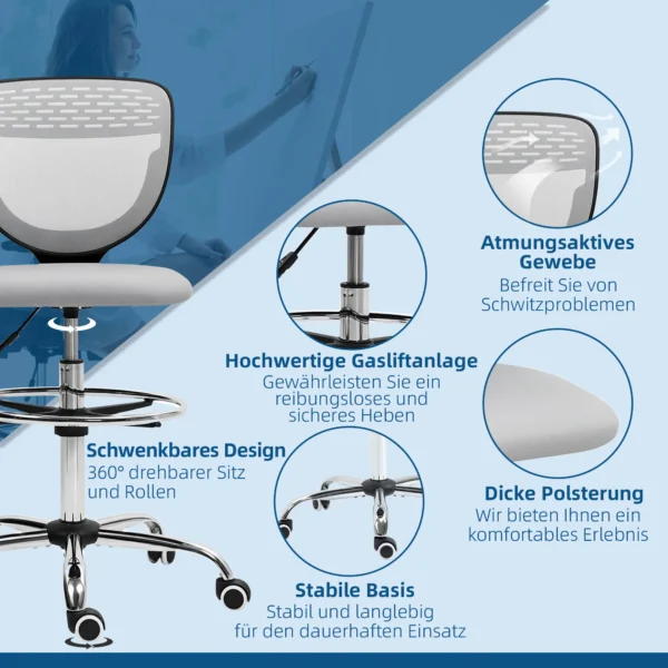 Bureaustoel, Werkstoel, Bureaustoel, In Hoogte Verstelbaar, Gevoerd, Lichtgrijs