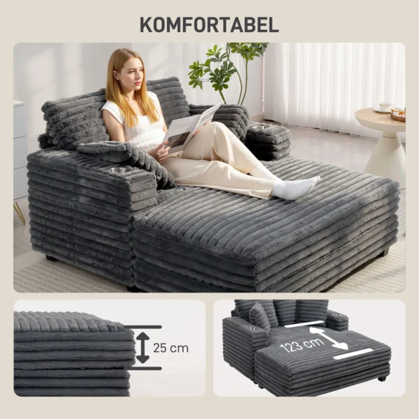 Chaiselongue 2 zits Groot Slaapbank 134 X 151 Cm Met Bekerhouder Voor Woonkamer, Grijs