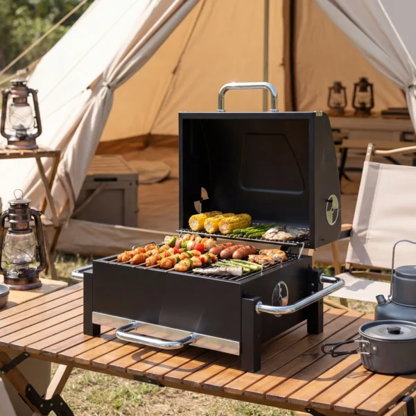 Draagbare Stalen Houtskoolgrill BBQ Smoker Met Deksel, Verstelbare Ventilatie, Tweelaags Kolenpan, Thermometer