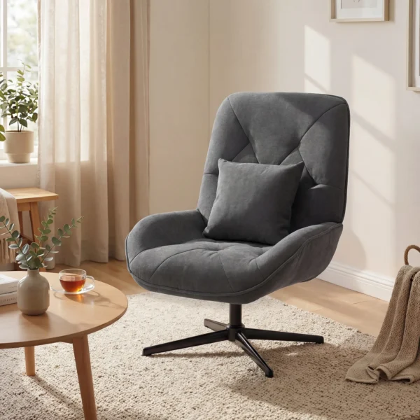 Draaibare Accentstoel, Chenille Gestoffeerde Fauteuil Met Lendenkussen, Hoge Rugleuning, Diepe Zitplaats, Donkergrijs