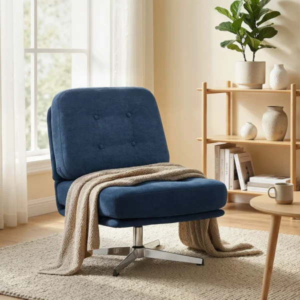 Draaibare Accentstoel, Gestoffeerde Leesstoel Met Chenille, Brede Zitplaats, Verenkussen En Metalen Poten, Donkerblauw