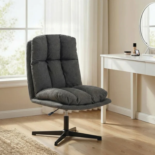 Draaibare Accentstoel, Stoffen Leesstoel In Linnenlook Zonder Armleuningen Met Brede Zit En Metalen Poten, Donkergrijs