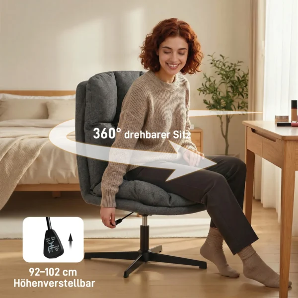 Draaibare Accentstoel, Stoffen Leesstoel In Linnenlook Zonder Armleuningen Met Brede Zit En Metalen Poten, Donkergrijs