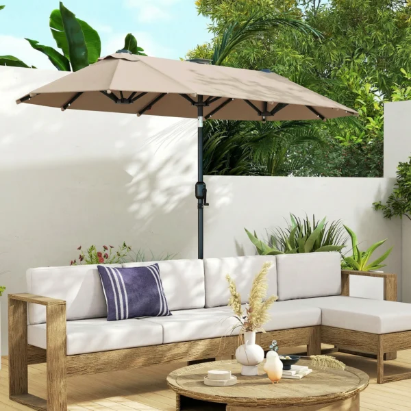 Dubbele Parasol 292 X 150 Cm, Parasol Met LED verlichting Handkruk, Knikfunctie Khaki