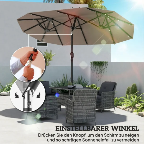 Dubbele Parasol 292 X 150 Cm, Parasol Met LED verlichting Handkruk, Knikfunctie Khaki