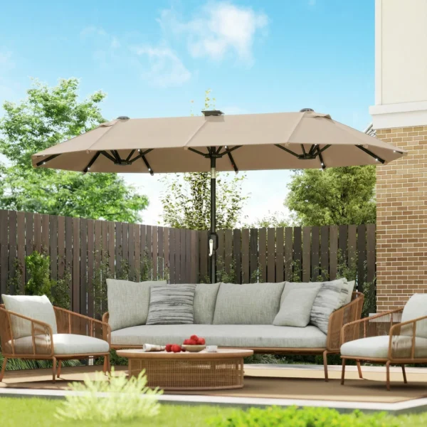 Dubbele Parasol 292 X 150 Cm, Parasol Met LED verlichting Handkruk, Knikfunctie Khaki