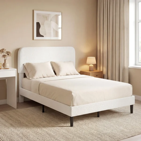 Eenpersoonsbedframe Met Teddy fleece Bekleed Hoofdeinde, Metalen Bedframe, Eenvoudige Montage, Wit