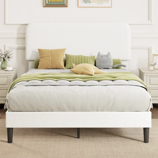 Eenpersoonsbedframe Met Teddy fleece Bekleed Hoofdeinde, Metalen Bedframe, Eenvoudige Montage, Wit