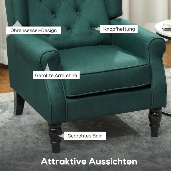 Elegante Oorfauteuil, Dik Gestoffeerd, Afneembare Hoes, 74 X 86 X 102 Cm, Donkergroen