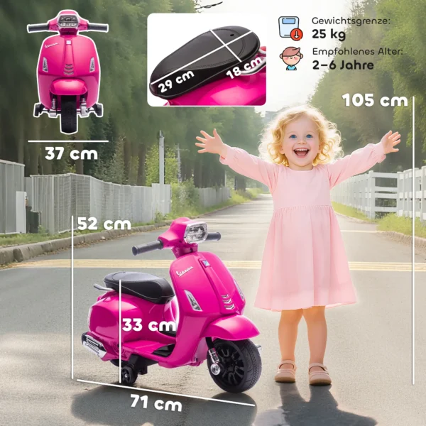 Elektrische Kinder Vespa 6V Elektromotorfiets Met Stabilisatiewielen, Koplamp, Claxon Voor 2 6 Jaar 71 X 37 X 52 Cm Roze