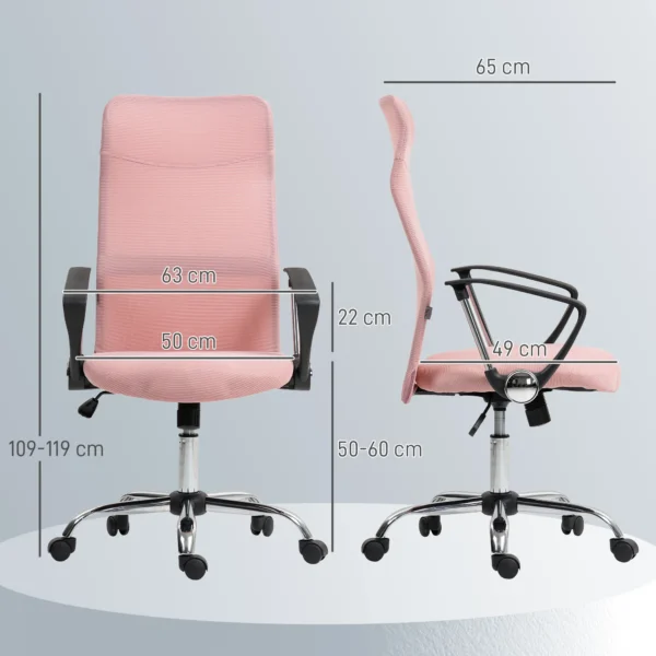 Ergonomische Bureaustoel, In Hoogte Verstelbare Draaistoel Met Kantelfunctie, Netbekleding, 63 X 65 X 109 119 Cm Roze
