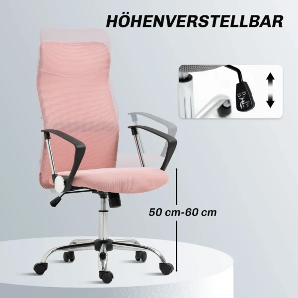 Ergonomische Bureaustoel, In Hoogte Verstelbare Draaistoel Met Kantelfunctie, Netbekleding, 63 X 65 X 109 119 Cm Roze