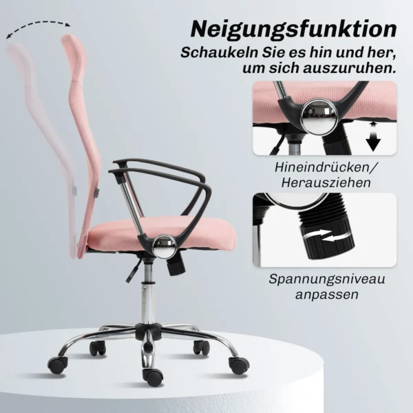 Ergonomische Bureaustoel, In Hoogte Verstelbare Draaistoel Met Kantelfunctie, Netbekleding, 63 X 65 X 109 119 Cm Roze