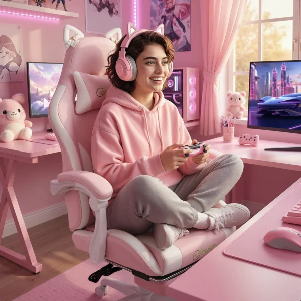 Ergonomische Gaming Stoel, Kunstleren Gamer Stoel Met Kattenoren, Lendensteun, Voetensteun, Hoofdsteun, Roze