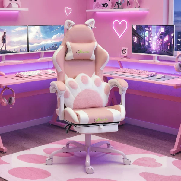 Ergonomische Gaming Stoel, Kunstleren Gamer Stoel Met Kattenoren, Lendensteun, Voetensteun, Hoofdsteun, Roze
