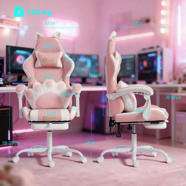 Ergonomische Gaming Stoel, Kunstleren Gamer Stoel Met Kattenoren, Lendensteun, Voetensteun, Hoofdsteun, Roze
