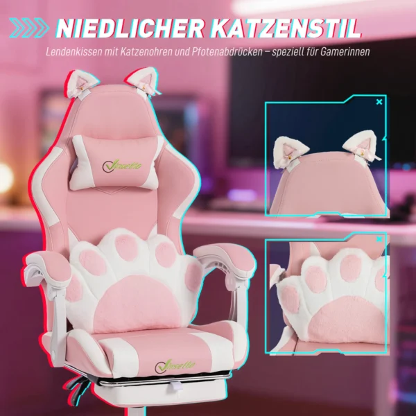 Ergonomische Gaming Stoel, Kunstleren Gamer Stoel Met Kattenoren, Lendensteun, Voetensteun, Hoofdsteun, Roze