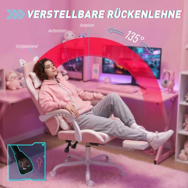 Ergonomische Gaming Stoel, Kunstleren Gamer Stoel Met Kattenoren, Lendensteun, Voetensteun, Hoofdsteun, Roze