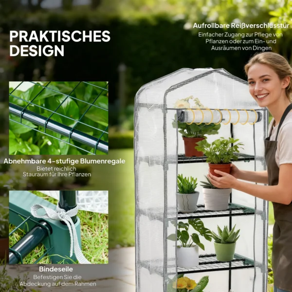 Folie Kas, Broeikas, Mini Kas, Plantenhuis, Kweekbed, 4 Plankvakken, 70 X 50 X 160 Cm, Wit