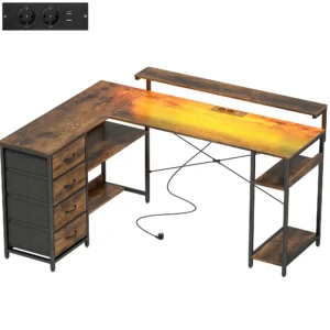 Gaming Tafel L vormig Bureau Met Stroomaansluiting LED Verlichting 4 Laden Monitorstandaard 155x110x91,4 Cm Bruin