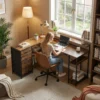 Gaming Tafel L vormig Bureau Met Stroomaansluiting LED Verlichting 4 Laden Monitorstandaard 155x110x91,4 Cm Bruin