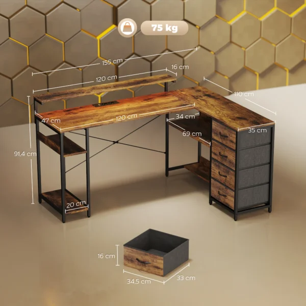 Gaming Tafel L vormig Bureau Met Stroomaansluiting LED Verlichting 4 Laden Monitorstandaard 155x110x91,4 Cm Bruin