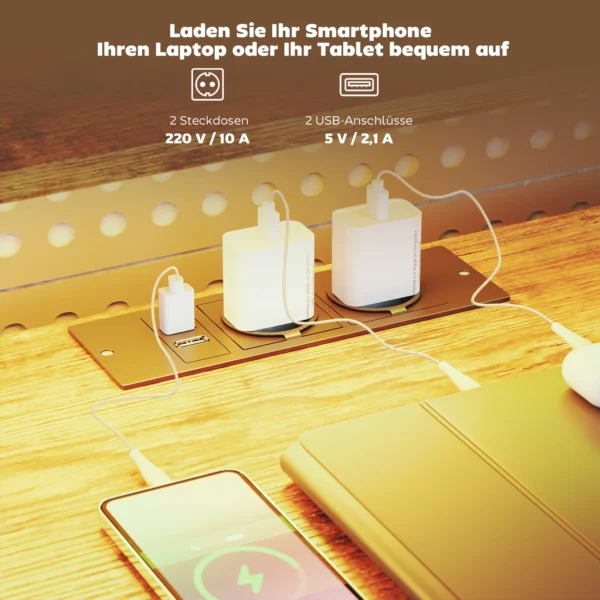 Gaming Tafel L vormig Bureau Met Stroomaansluiting LED Verlichting 4 Laden Monitorstandaard 155x110x91,4 Cm Bruin