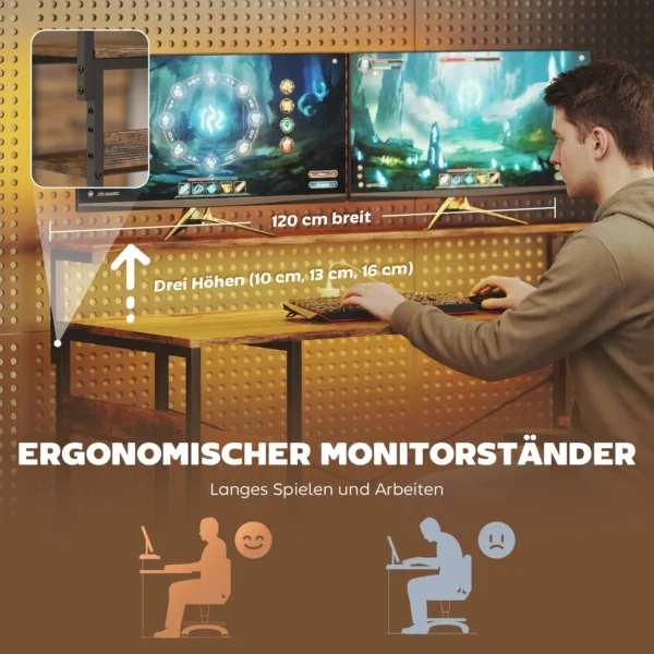 Gaming Tafel L vormig Bureau Met Stroomaansluiting LED Verlichting 4 Laden Monitorstandaard 155x110x91,4 Cm Bruin