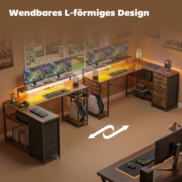 Gaming Tafel L vormig Bureau Met Stroomaansluiting LED Verlichting 4 Laden Monitorstandaard 155x110x91,4 Cm Bruin