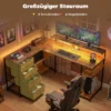 Gaming Tafel L vormig Bureau Met Stroomaansluiting LED Verlichting 4 Laden Monitorstandaard 155x110x91,4 Cm Bruin