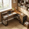 Gaming Tafel L vormig Bureau Met Stroomaansluiting LED Verlichting 4 Laden Monitorstandaard 155x110x91,4 Cm Bruin