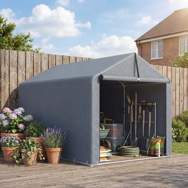 Garage Tent 2,2 X 1,6 M Waterdicht Apparatuurtent Met Roldeur Zadeldak Stalen Frame, UV bestendig Donkergrijs