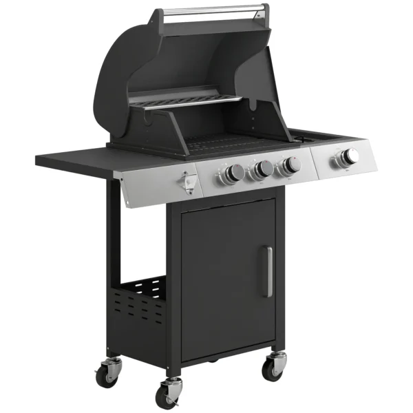 Gasgrill 10,5 KW 3+1 Branders BBQ Grillwagen Roestvrij Staal Incl Zijbrander Flesopener Thermometer Gietijzeren Grillrooster