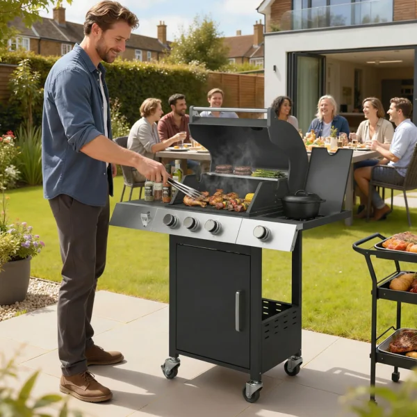 Gasgrill 10,5 KW 3+1 Branders BBQ Grillwagen Roestvrij Staal Incl Zijbrander Flesopener Thermometer Gietijzeren Grillrooster