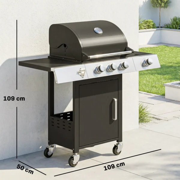 Gasgrill 10,5 KW 3+1 Branders BBQ Grillwagen Roestvrij Staal Incl Zijbrander Flesopener Thermometer Gietijzeren Grillrooster