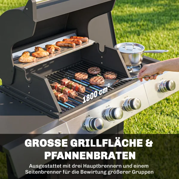 Gasgrill 10,5 KW 3+1 Branders BBQ Grillwagen Roestvrij Staal Incl Zijbrander Flesopener Thermometer Gietijzeren Grillrooster