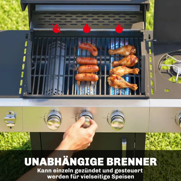 Gasgrill 10,5 KW 3+1 Branders BBQ Grillwagen Roestvrij Staal Incl Zijbrander Flesopener Thermometer Gietijzeren Grillrooster