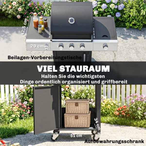 Gasgrill 10,5 KW 3+1 Branders BBQ Grillwagen Roestvrij Staal Incl Zijbrander Flesopener Thermometer Gietijzeren Grillrooster