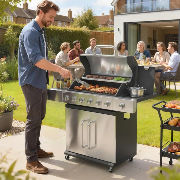 Gasgrill 18,6 KW 6+1 Brander BBQ Grillwagen Gemaakt Van Roestvrij Staal Inclusief Rolthermometer, Warmhoudrooster, Zijtafel, Onderkast