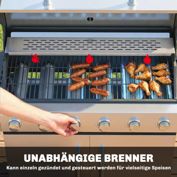 Gasgrill 18,6 KW 6+1 Brander BBQ Grillwagen Gemaakt Van Roestvrij Staal Inclusief Rolthermometer, Warmhoudrooster, Zijtafel, Onderkast