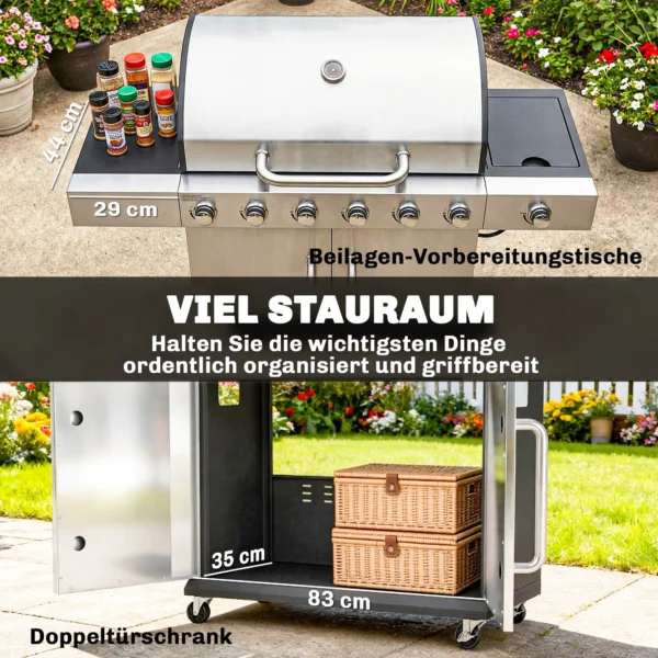 Gasgrill 18,6 KW 6+1 Brander BBQ Grillwagen Gemaakt Van Roestvrij Staal Inclusief Rolthermometer, Warmhoudrooster, Zijtafel, Onderkast