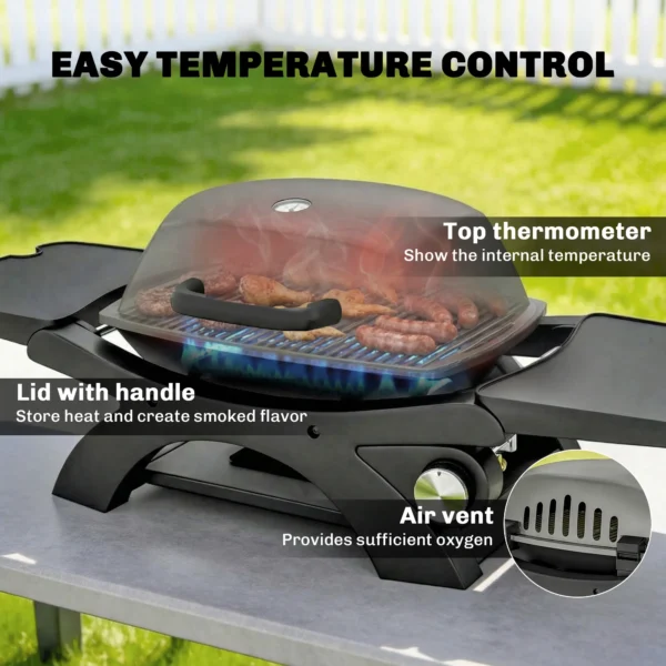 Gasgrill 3,3 KW Tafelgrill Met 1 Brander Inklapbare Zijtafels Gietijzeren Grillroosters Verwijderbare Vetopvangbak