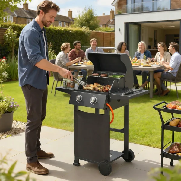 Gasgrill 5,4 KW 2 Branders Stalen BBQ Grillwagen Inclusief Inklapbare Zijtafel Thermometer Verchroomde Grillrooster Warmhoudrooster