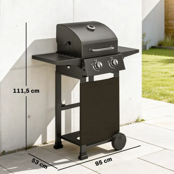 Gasgrill 5,4 KW 2 Branders Stalen BBQ Grillwagen Inclusief Inklapbare Zijtafel Thermometer Verchroomde Grillrooster Warmhoudrooster