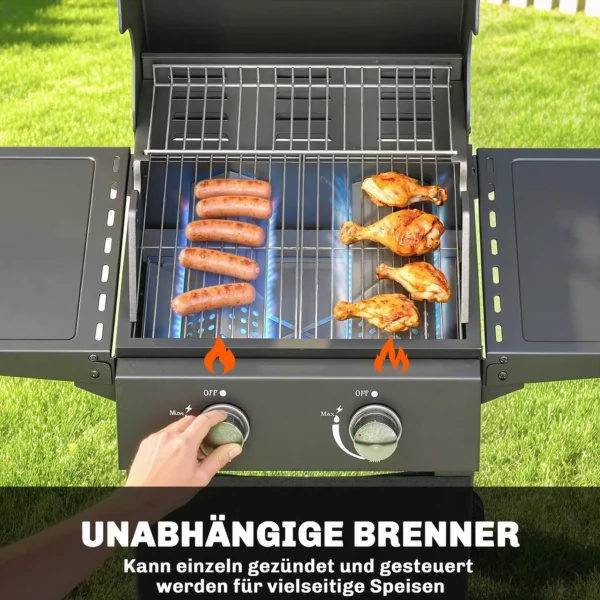Gasgrill 5,4 KW 2 Branders Stalen BBQ Grillwagen Inclusief Inklapbare Zijtafel Thermometer Verchroomde Grillrooster Warmhoudrooster