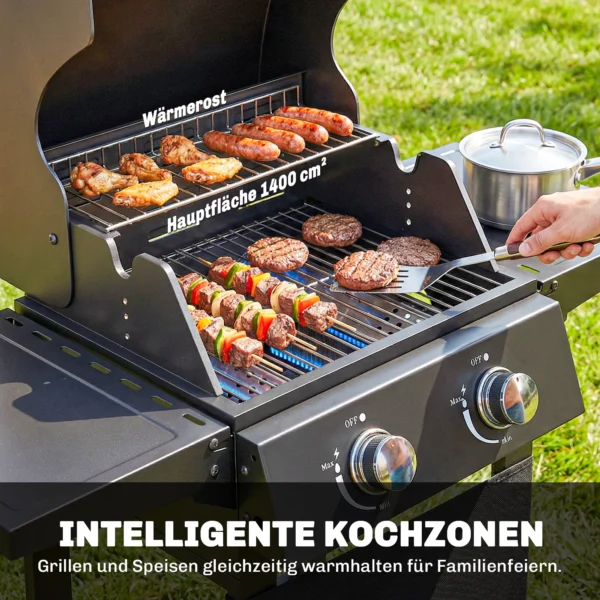 Gasgrill 5,4 KW 2 Branders Stalen BBQ Grillwagen Inclusief Inklapbare Zijtafel Thermometer Verchroomde Grillrooster Warmhoudrooster