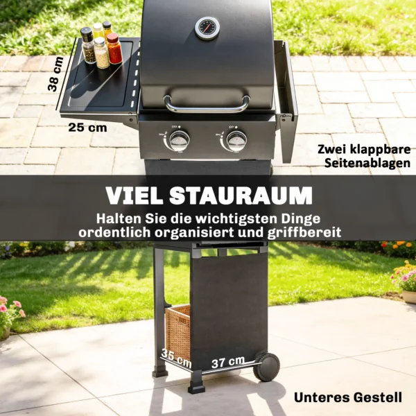 Gasgrill 5,4 KW 2 Branders Stalen BBQ Grillwagen Inclusief Inklapbare Zijtafel Thermometer Verchroomde Grillrooster Warmhoudrooster