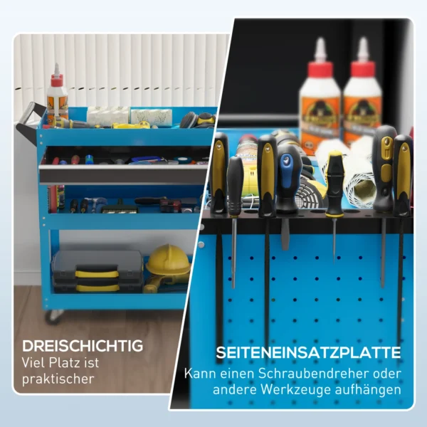 Gereedschapskoffer Gereedschapstrolley Gereedschapsdoos, 3 Niveaus, 4 Wielen, 82 Cm X 35 Cm X 76 Cm, Blauw