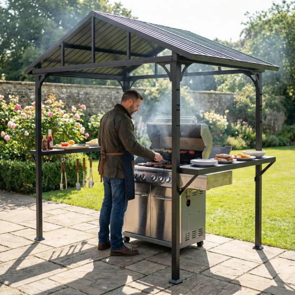 Grillpaviljoen 2,52 X 1,56 M, Waterdicht Grill Paviljoen Met Zadeldak Zijtafel Haken Stalen Frame Zwart