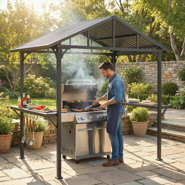 Grillpaviljoen 2,52 X 1,56 M, Waterdicht Grill Paviljoen Met Zadeldak Zijtafel Haken Stalen Frame Zwart